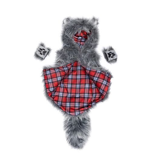 Gray furry Big Bad Wolf vest costume with red plaid interior and matching gloves with paw prints
