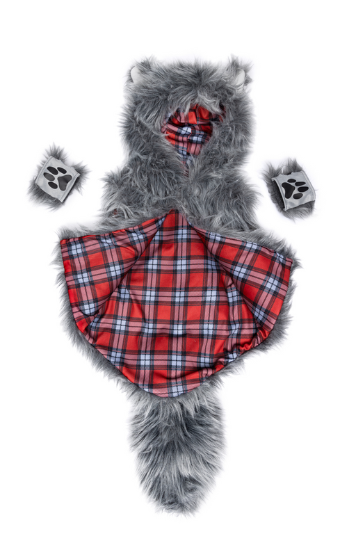 Gray furry Big Bad Wolf vest costume with red plaid interior and matching gloves with paw prints