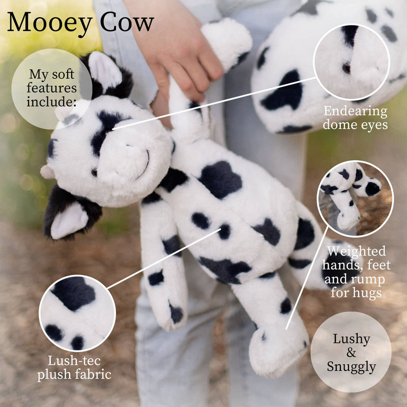 Mooey Cow plushie featuring soft fabric, dome eyes, and weighted parts for hugging