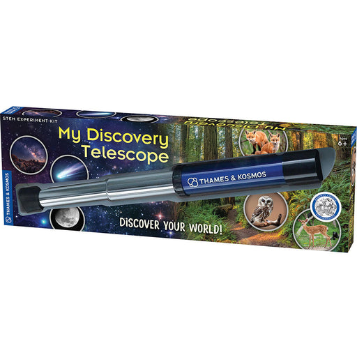 Thames & Kosmos My Discovery Telescope STEM kit packaging with telescope displayed