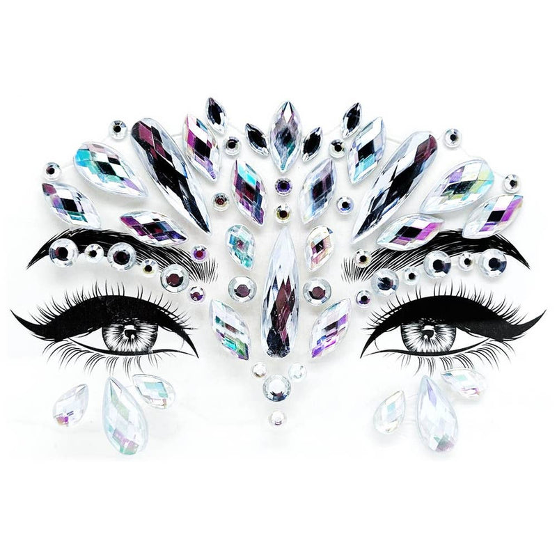 Crystal face gems in decorative pattern with iridescent stones and black accents