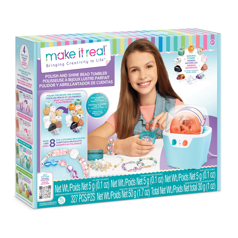 Make It Real Polish and Shine Bead Tumbler craft kit packaging with girl using tumbler