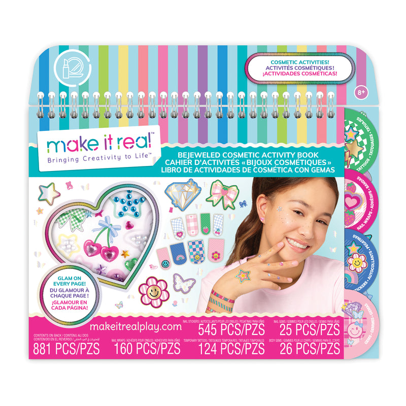 Make It Real Bejeweled Cosmetic Activity Book with colorful spiral binding and craft supplies