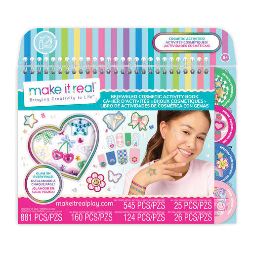 Make It Real Bejeweled Cosmetic Activity Book with colorful spiral binding and craft supplies