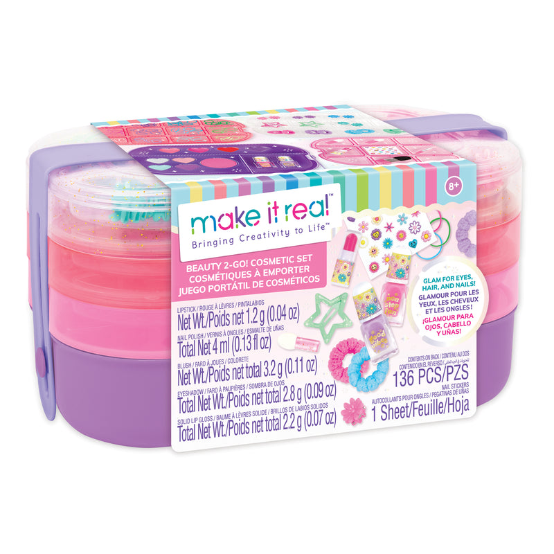 Make It Real Beauty 2-Go cosmetic set with purple container and makeup accessories