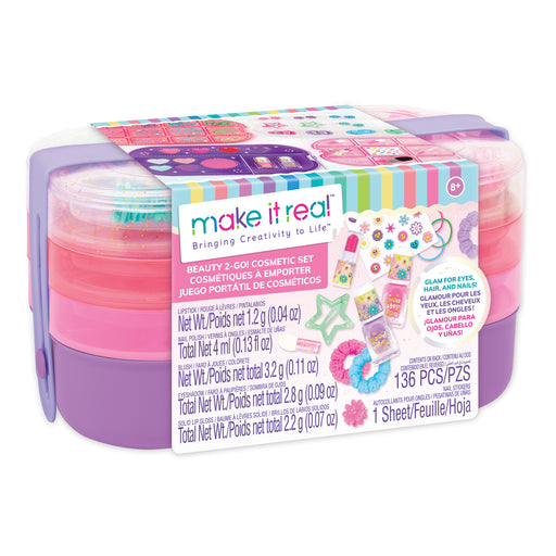 Make It Real Beauty 2-Go cosmetic set with purple container and makeup accessories