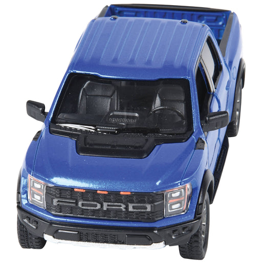 Blue diecast Ford F-150 Raptor pickup truck model on white background