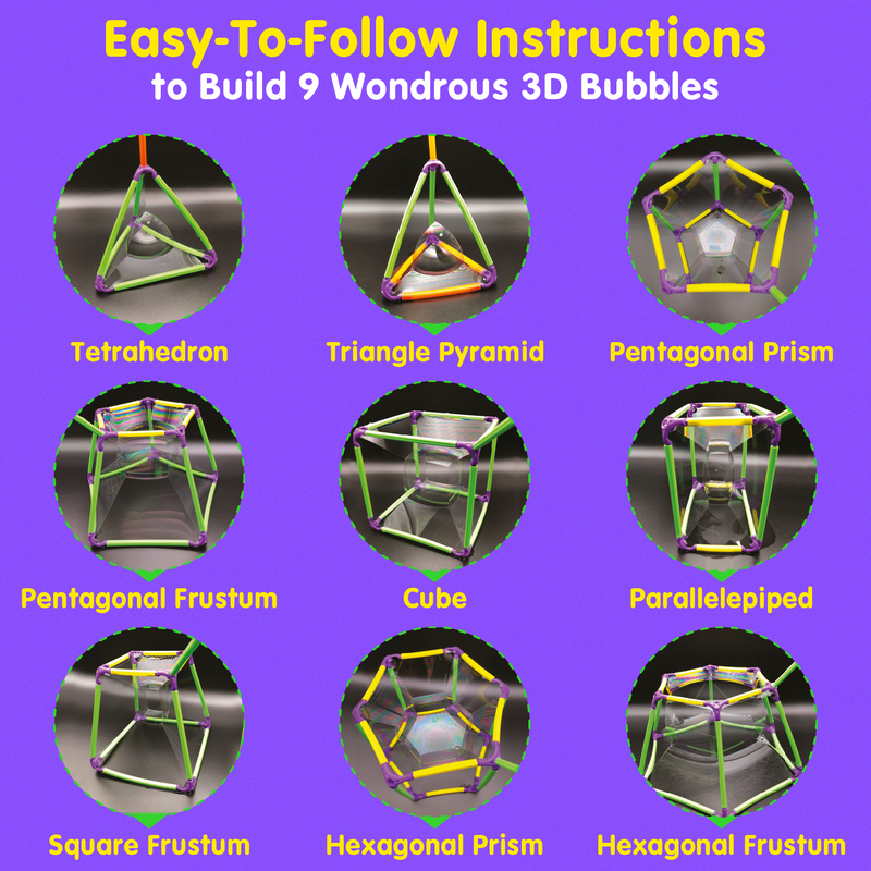 Nine 3D geometric bubble shapes including tetrahedron pyramid cube and prism forms