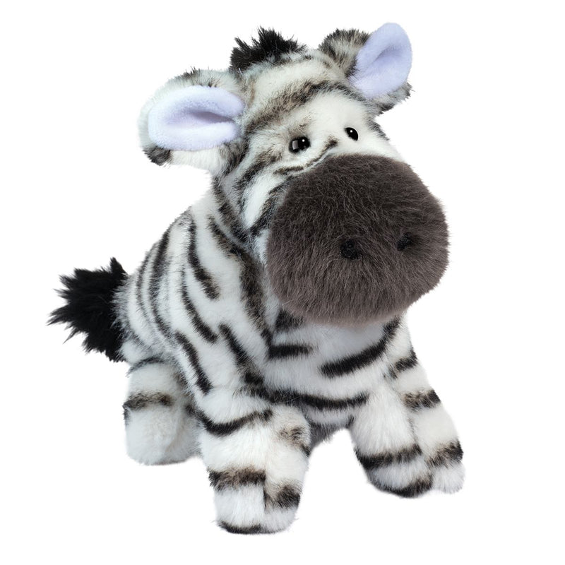 Plush zebra stuffed animal toy with black white stripes and purple inner ears