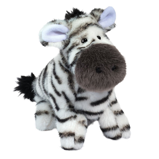 Plush zebra stuffed animal toy with black white stripes and purple inner ears