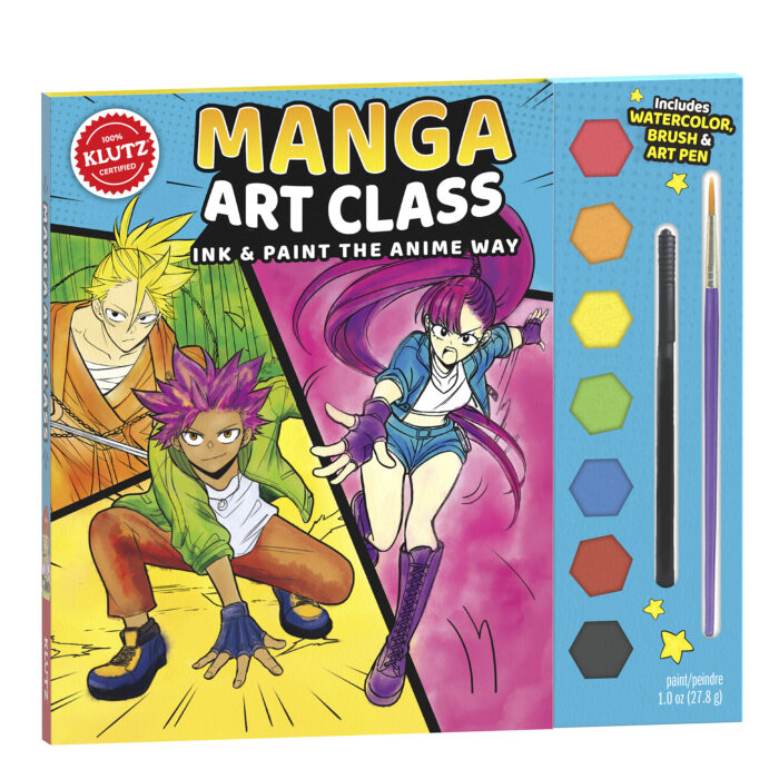Manga Art Class kit by Klutz showing anime characters and included art supplies
