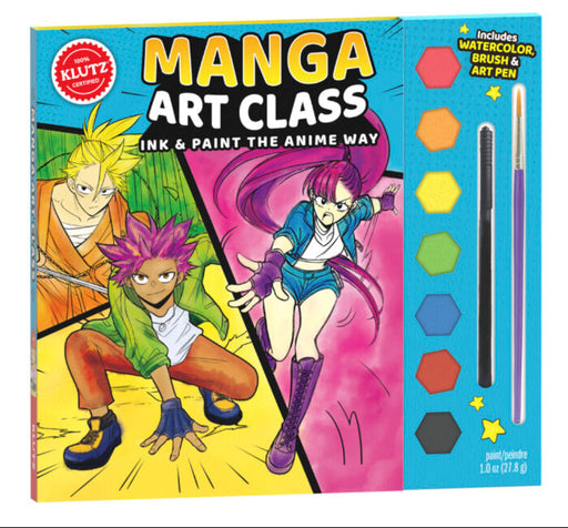 Manga Art Class kit by Klutz showing anime characters and included art supplies