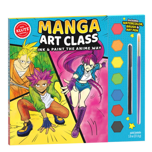 Manga Art Class kit by Klutz showing anime characters and included art supplies