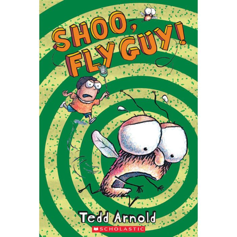 Shoo Fly Guy book cover with green spiral design and cartoon characters by Tedd Arnold.