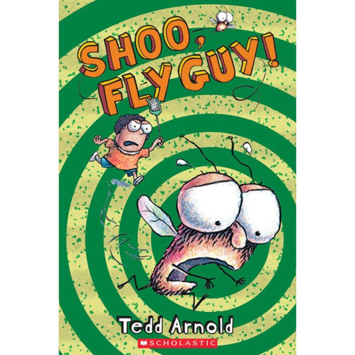 Shoo Fly Guy book cover with green spiral design and cartoon characters by Tedd Arnold.