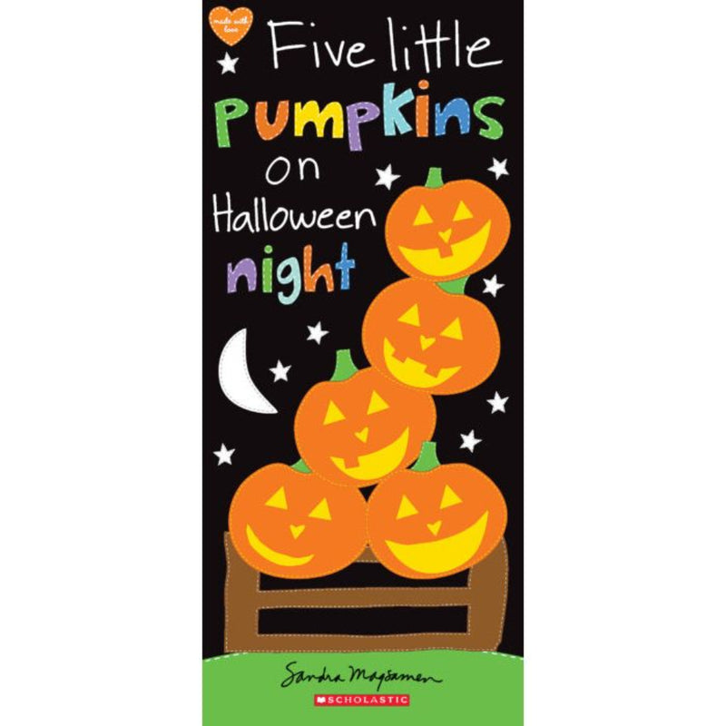 Five Little Pumpkins On Halloween Night children's book cover with colorful jack-o-lanterns.