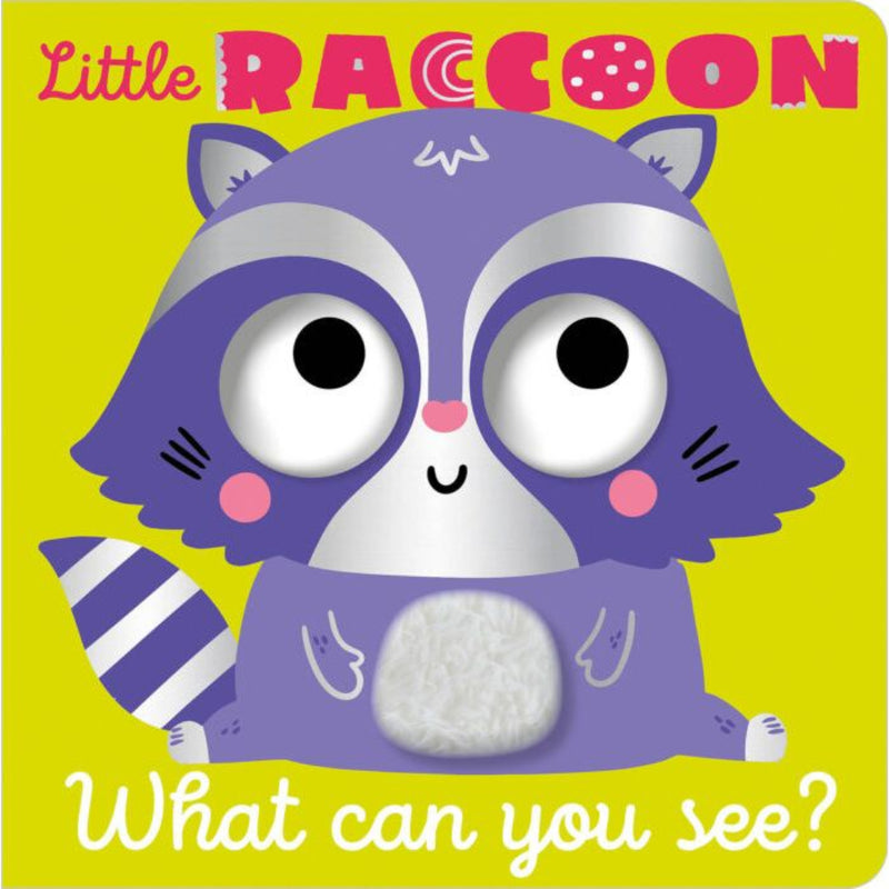 Little Raccoon What Can You See children's book cover with cute purple raccoon character