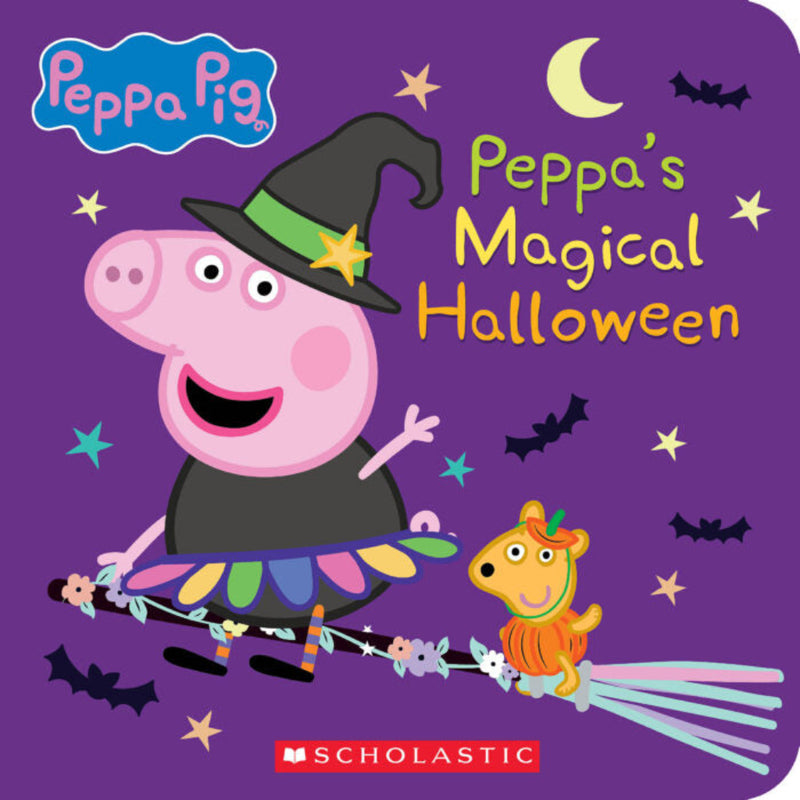 Peppa Pig Halloween book cover showing Peppa in witch costume with magical elements.