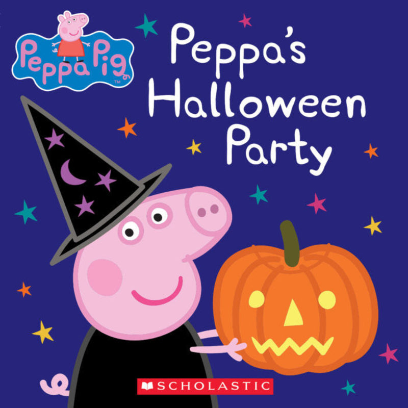 Peppa Pig Halloween Party book cover featuring Peppa in witch hat with pumpkin.