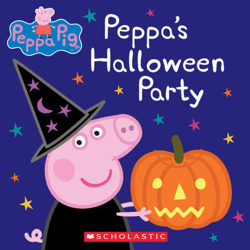 Peppa Pig Halloween Party book cover featuring Peppa in witch hat with pumpkin.