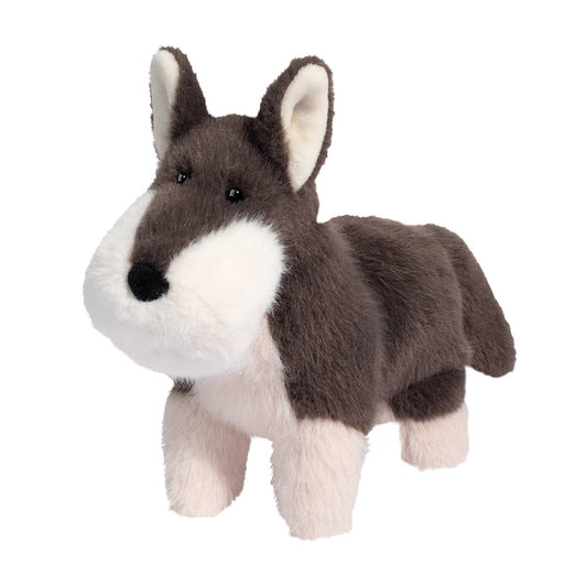Douglas Wayne Wolf plush toy with gray and white fur on white background