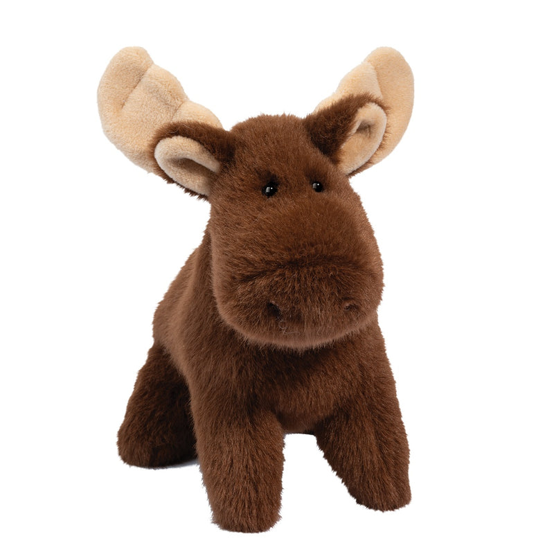 Brown plush moose stuffed animal with tan antlers on white background
