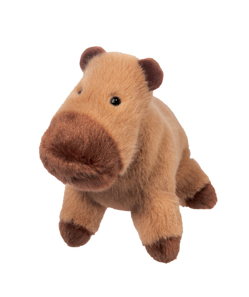 Brown plush capybara stuffed animal toy with dark brown accents on white background