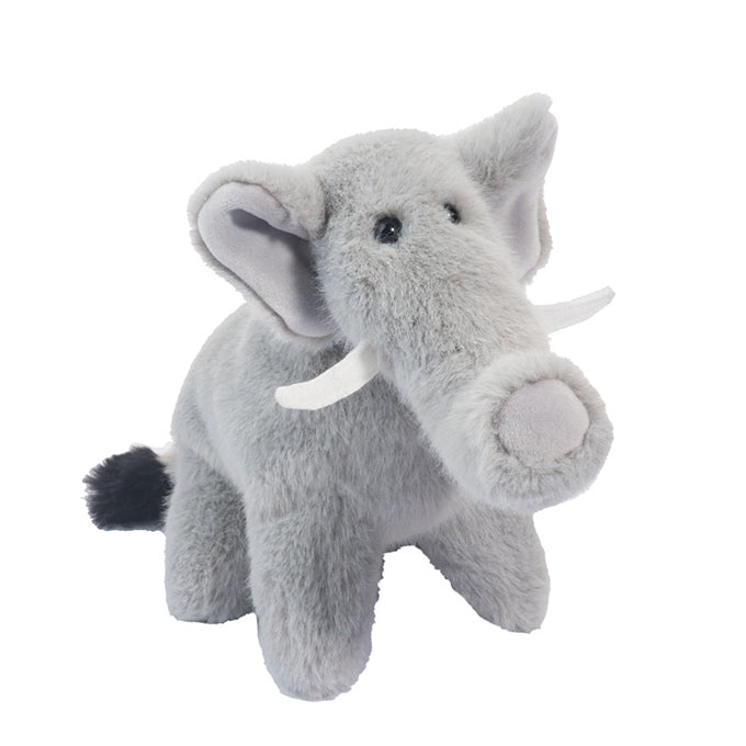 Gray plush elephant stuffed animal with white tusks and black tail tip