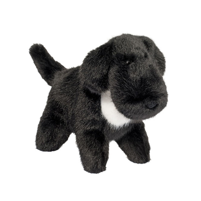 Black plush Labrador retriever stuffed animal toy with white chest marking