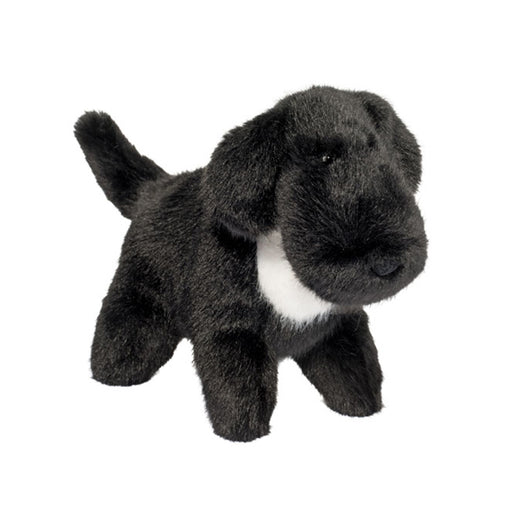 Black plush Labrador retriever stuffed animal toy with white chest marking