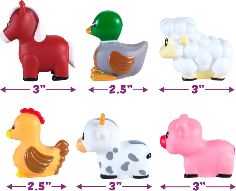 Six colorful barnyard animal bath toys with size measurements displayed on white background