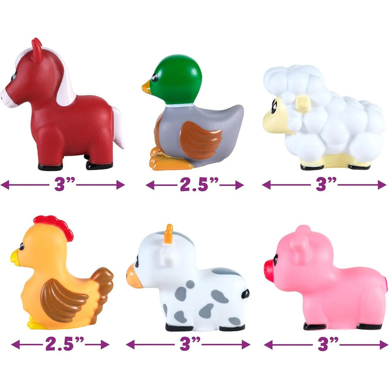 Six colorful barnyard animal bath toys with size measurements displayed on white background