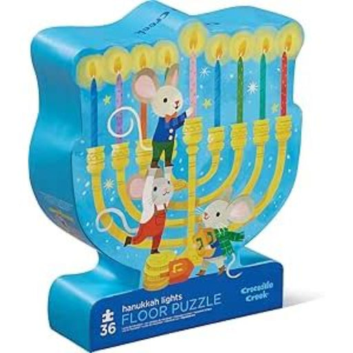 Crocodile Creek Hanukkah Lights 36-piece floor puzzle in menorah shape with blue background