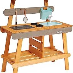 Wooden children's outdoor play kitchen workbench with tools and accessories