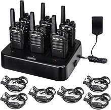 Set of six black walkie-talkies with charging station and cables