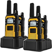 Two sets of yellow and black walkie talkies with charging bases