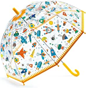 Clear umbrella with colorful nature-themed illustrations including animals and outdoor elements