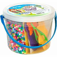 Clear plastic bucket containing colorful rainbow bubble wands and party supplies