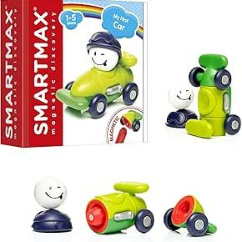 SmartMax My First Car magnetic building toy with green and blue car pieces on white background.