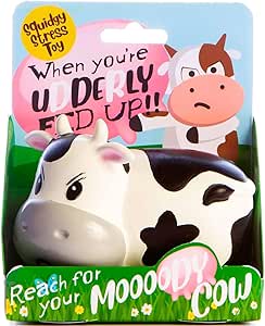 Moody cow squishy toy with black and white spots showing packaging with text