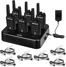 Six black walkie talkies with charging station and headsets