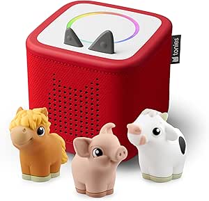 Red Tonies audio box with three farm animal figures cow pig horse