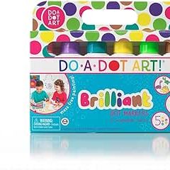 Do-A-Dot Art Brilliant markers set showing colorful dot pattern packaging and product box