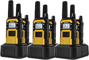 Six yellow and black walkie-talkies with charging bases on white background