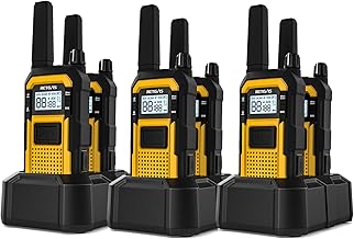 Six yellow and black walkie-talkies with charging bases on white background
