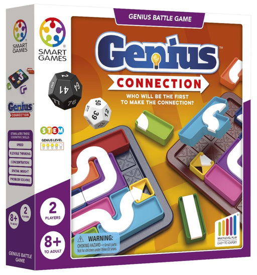 Genius Connection battle game box by Smart Games showing colorful puzzle pieces and dice.