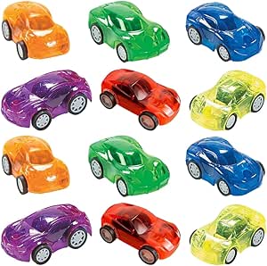 Collection of twelve colorful transparent pull back toy cars in various colors