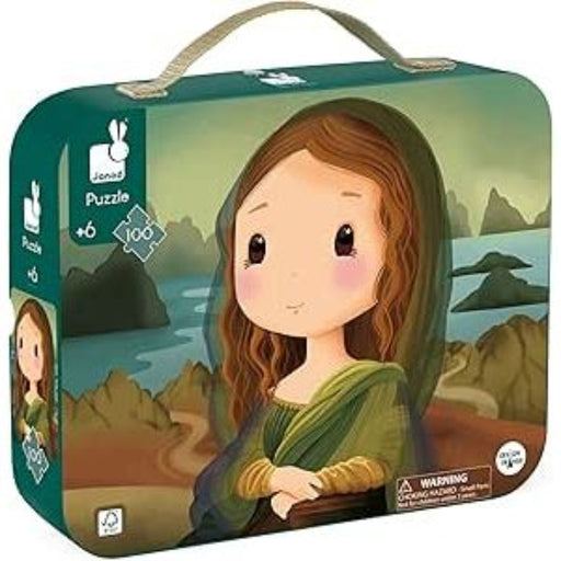 Janod puzzle box featuring cartoon Mona Lisa with green dress on plain background