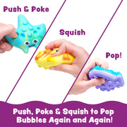Colorful bath toys showing push poke squish and pop bubble features in hands