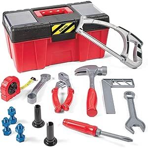 Red and gray toy toolbox with various plastic tools including hammer, wrench, and screwdriver